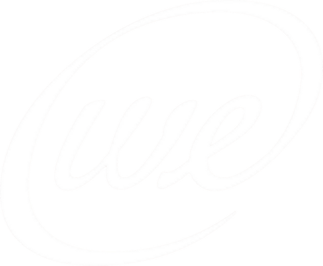 Waters Edge WE Logo lower-case cursive w and e with a circle around them made from the tail of the letter e
