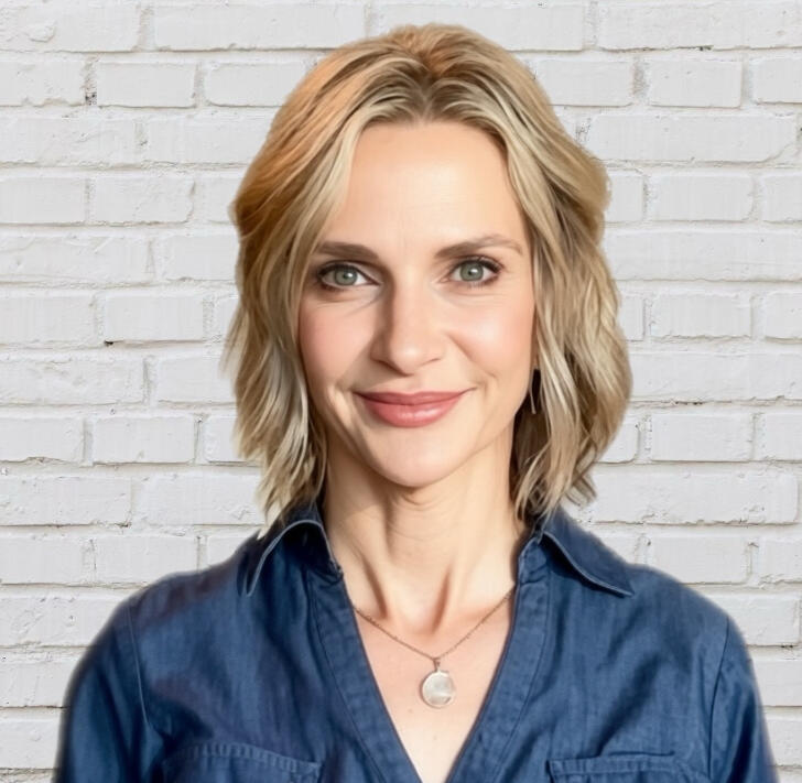Mika Waters Blonde woman with closed smile wearing blue button-up blouse